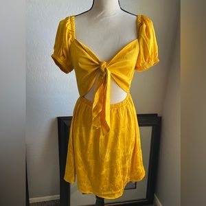Yellow Tie Front Square Neck Patterned Dress